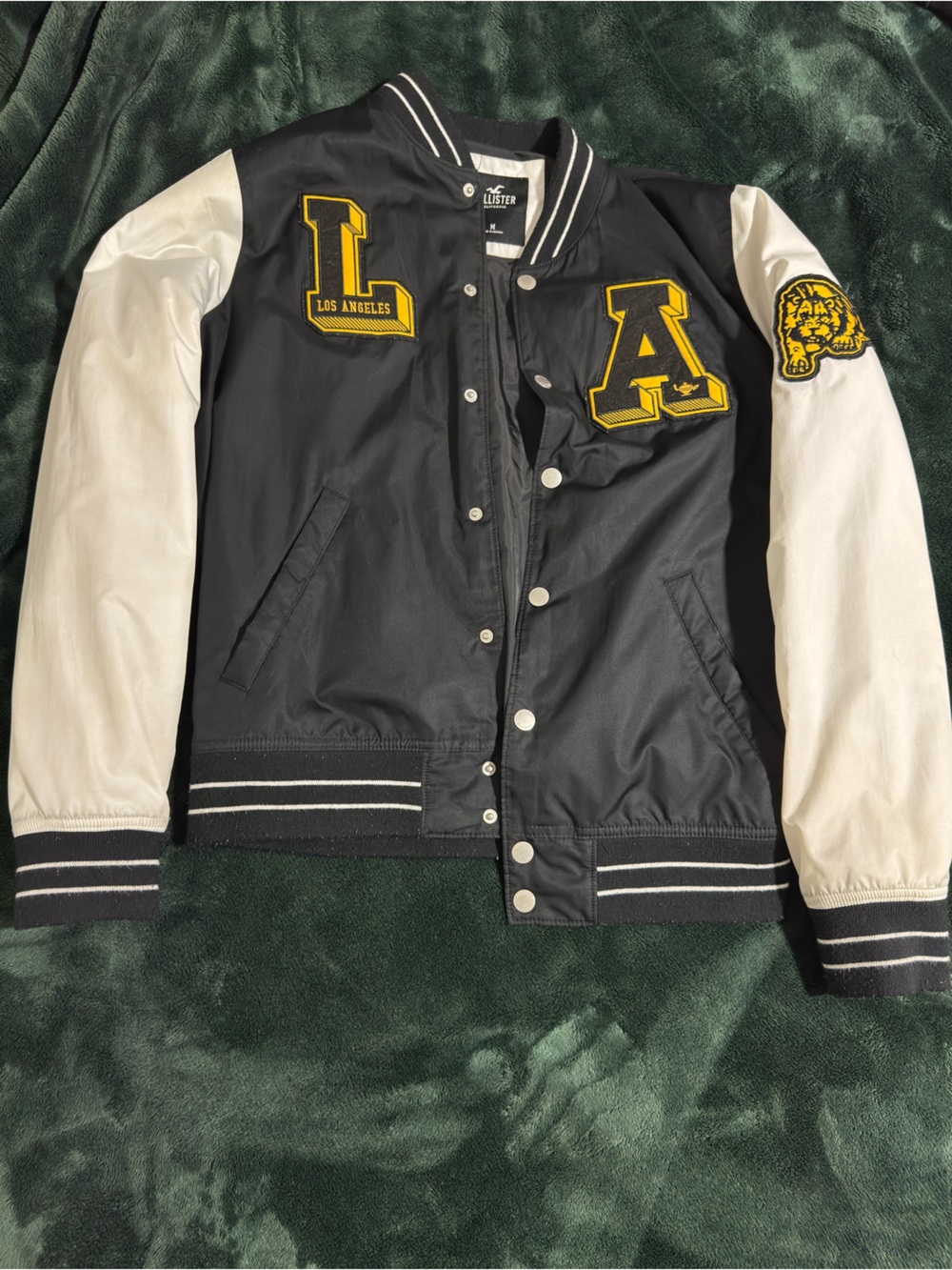 Hollister Black and Cream Varsity Letterman Jacket with Yellow Patches